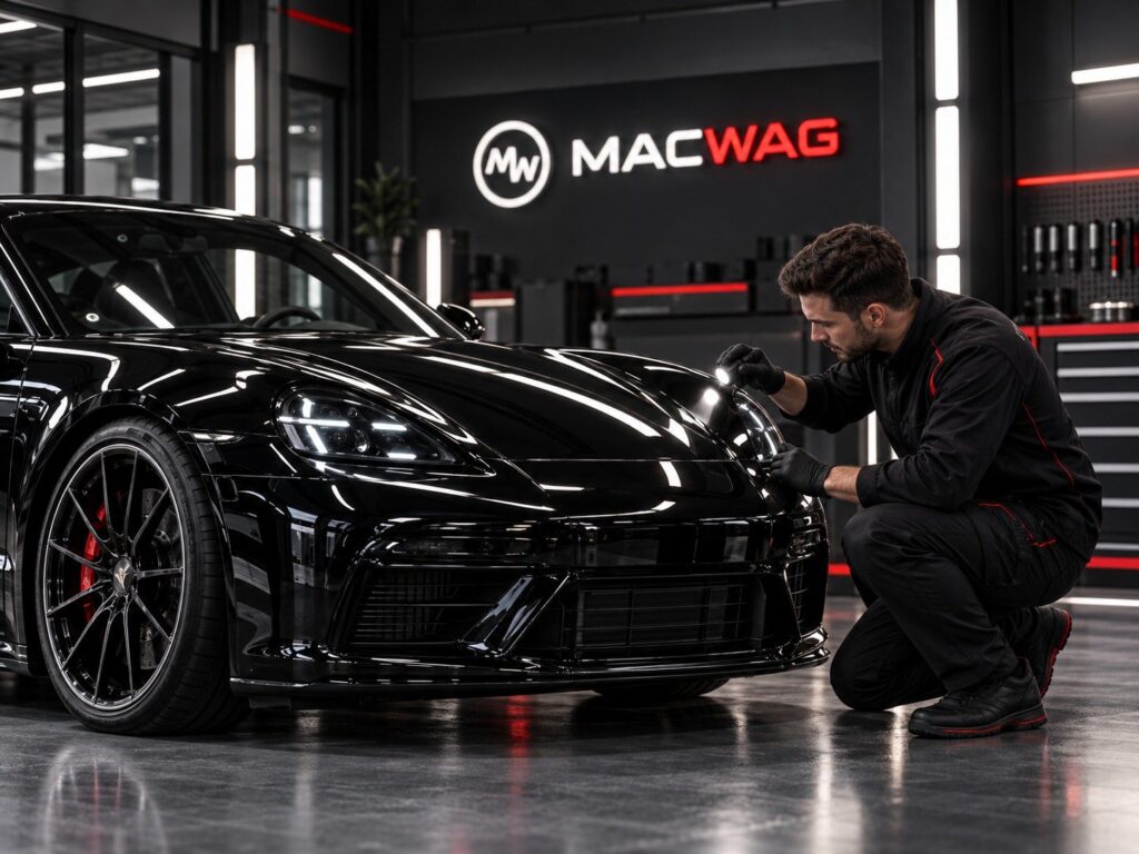 MACWAG Fahrzeugpflege – Lackkontrolle an einem schwarzen Sportwagen in der Werkstatt